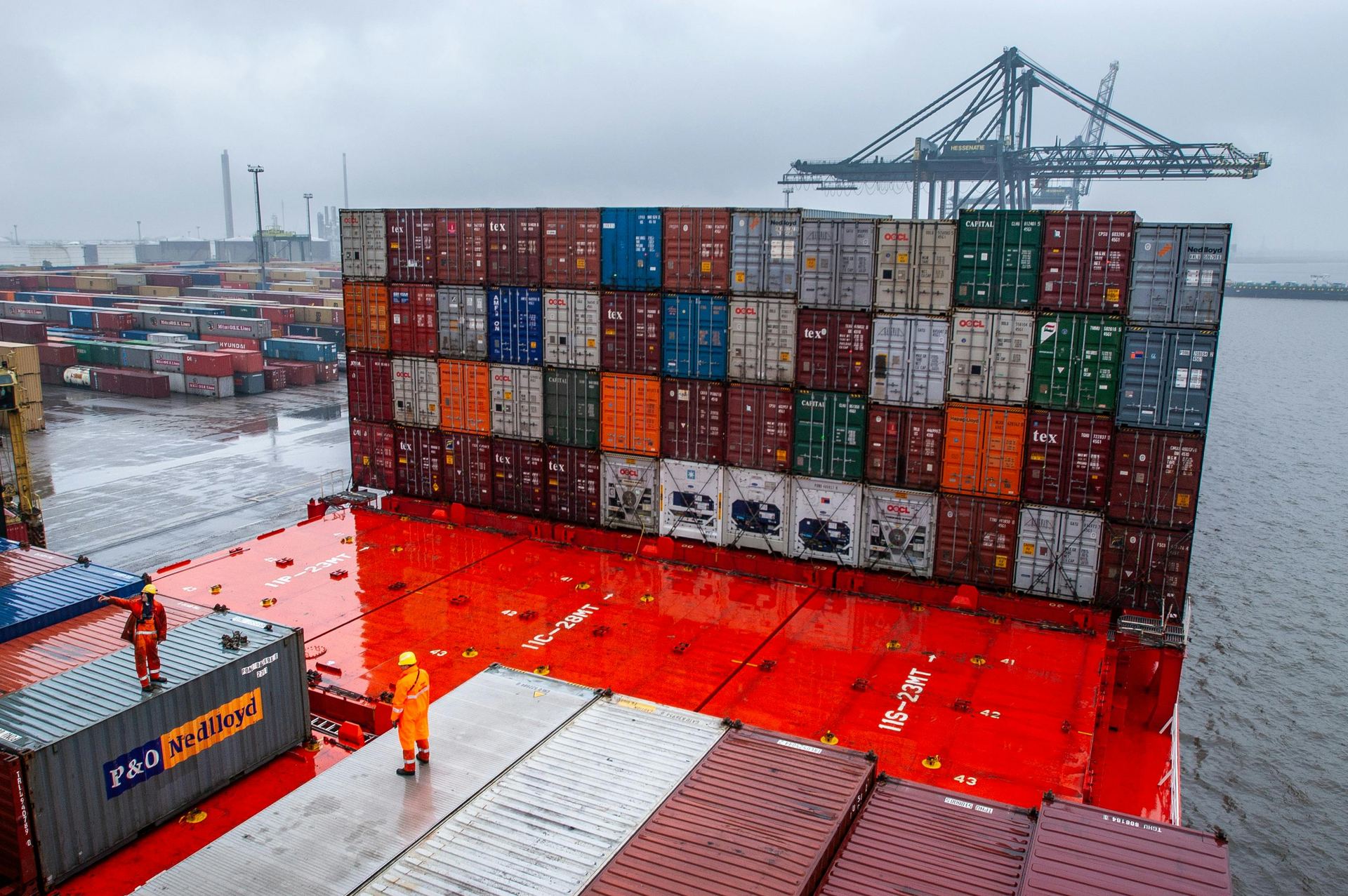 Aerial view of a container terminal at night