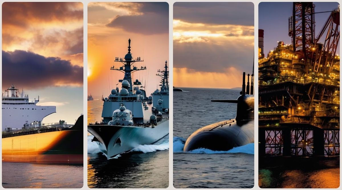 Naval vessels and offshore platform at dusk